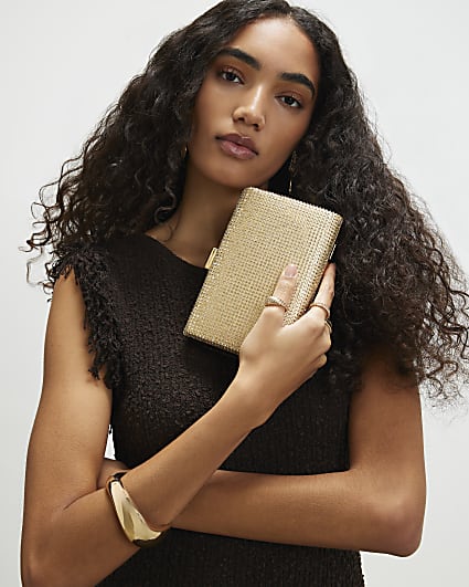 Gold Diamante Embellished Hard Clutch Bag