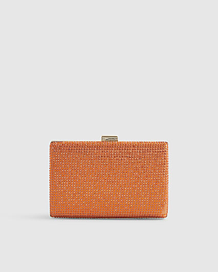 Orange Embellished Hard Clutch Bag