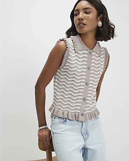 Beige Striped Knit Collared Tank Top