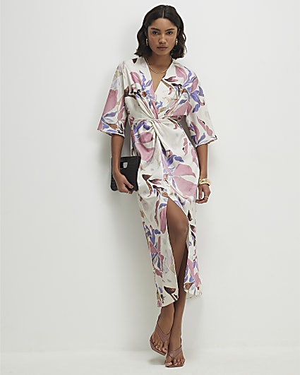 Pink Satin Floral Twist Front Midi Dress