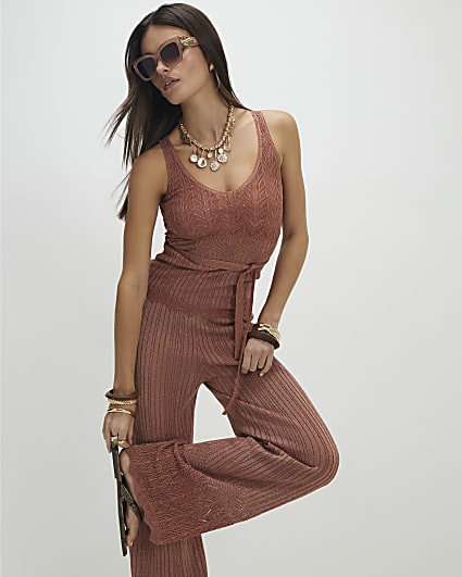 Brown Metallic Knit Trousers