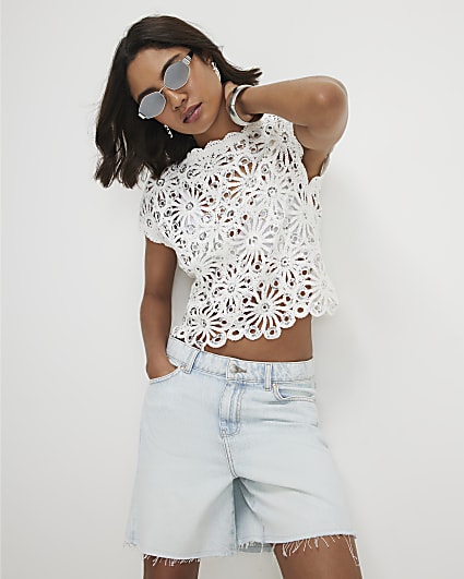 White Crochet Sequin Short Sleeve Top