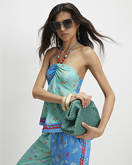 Blue Shell Print beaded Halter Neck Top