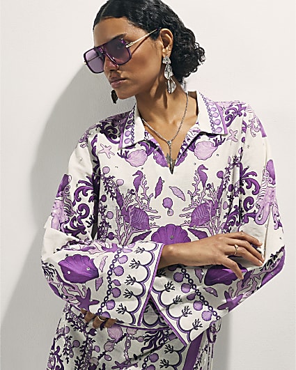 Purple Sea Chain Embellished Beach Shirt