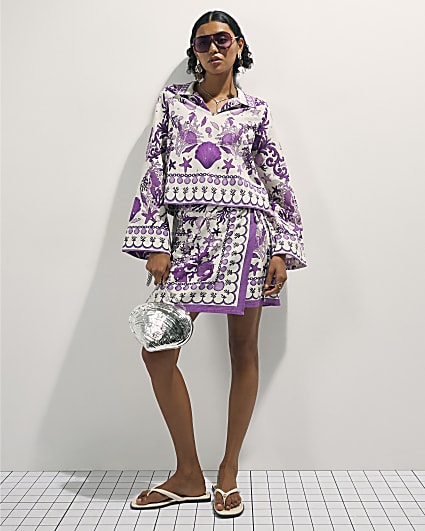 Purple Sea Chain Print Mini Beach Skirt