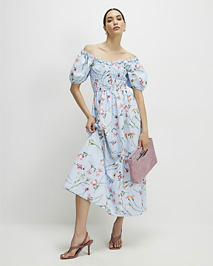 Blue Floral Shirred Midi dress