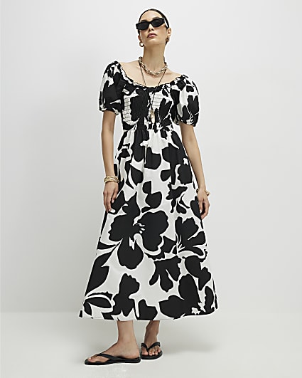 White Monochrome Floral Shirred Midi dress