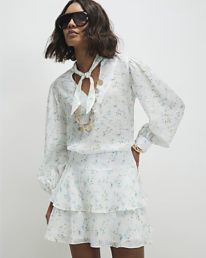 White Floral Pussybow Blouse