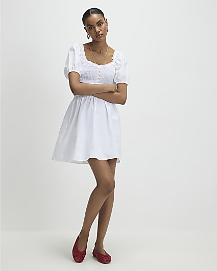 White Puff Sleeve Shirred Mini Dress