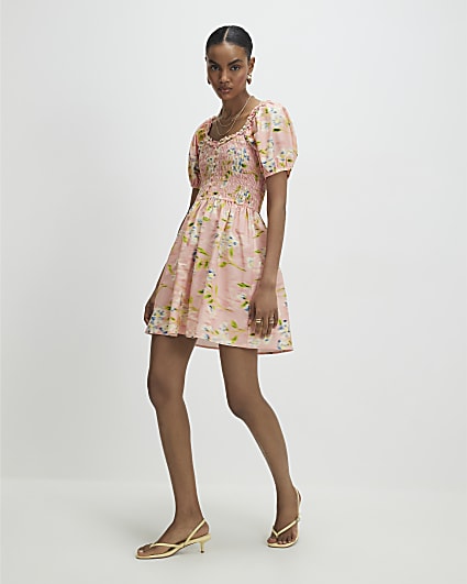 Pink Puff Sleeve Shirred Mini Dress