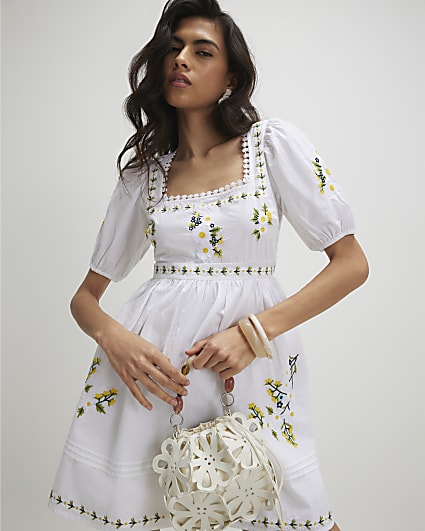 White Daisy Embroidered Mini Dress