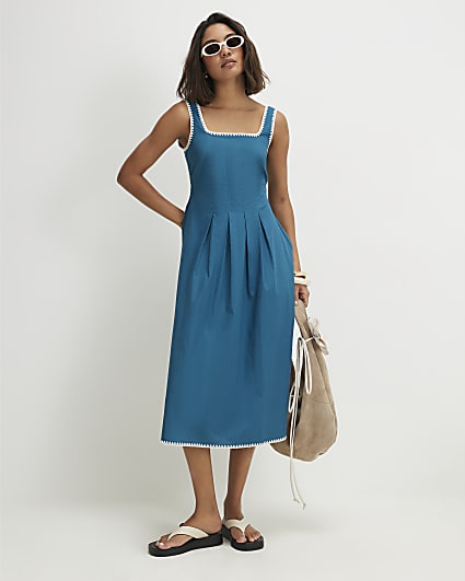 Blue Cotton Whipstitch Pleated Midi Dress