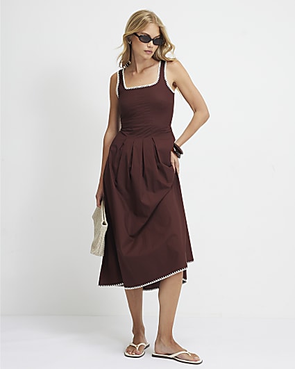 Brown Pleated Poplin Midi Dress