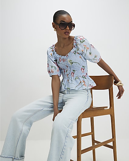 Blue Floral Puff Sleeve Shirred Top