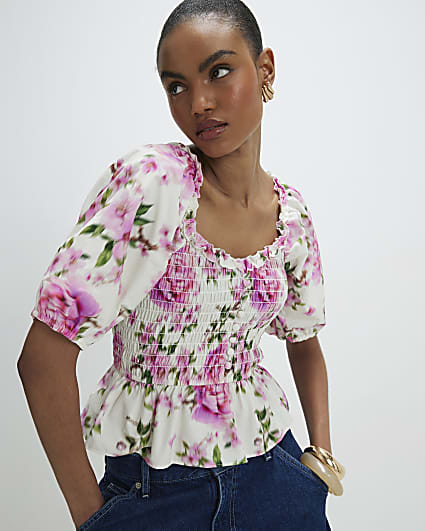 White Floral Puff Sleeve Shirred Top