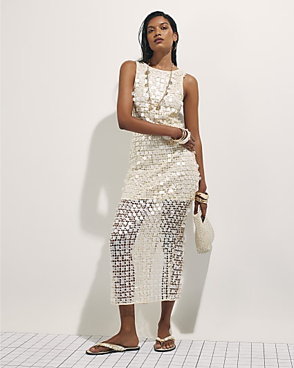 White Sleeveless Sequin Crochet Midi Dress