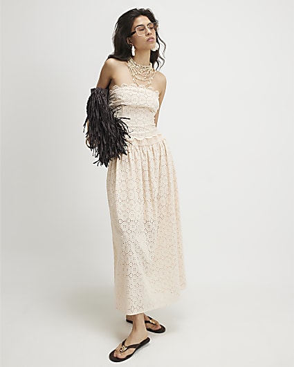 Beige Cotton Broderie Full Maxi Skirt