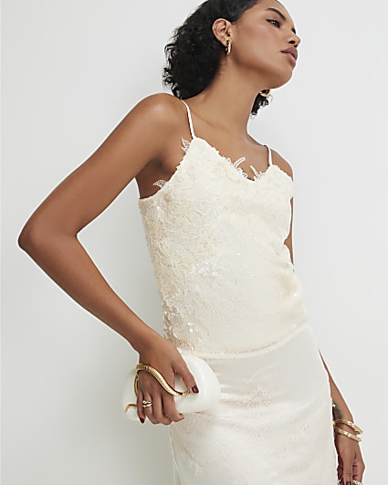 Cream Sleeveless Sequin Lace Cami Top