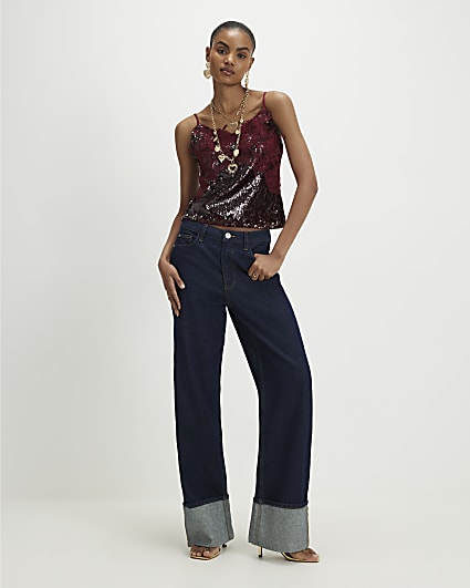 Red Sequin Lace Cami Top