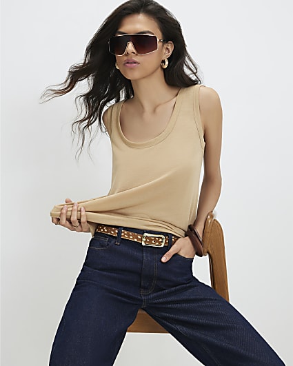 Beige Linen Blend Scoop Neck Tank Top