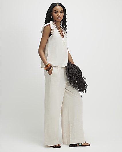 Beige Linen Blend Wide Leg Trousers
