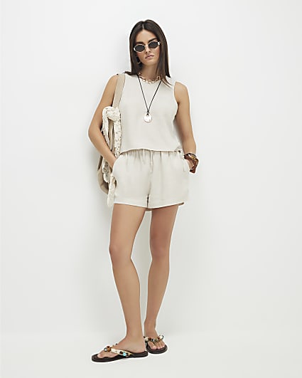 Beige Linen Blend Shorts