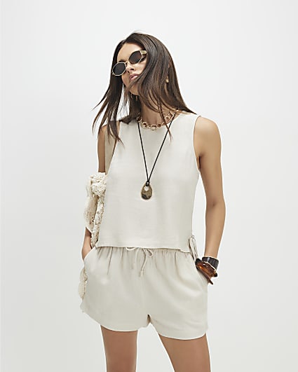 Beige Linen Blend Tank Top