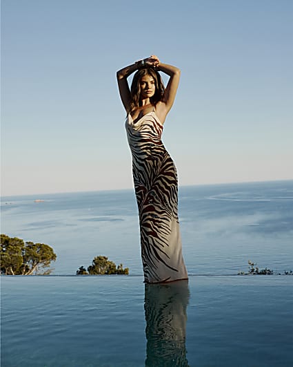 Cream Zebra Print Embellished Maxi Dress