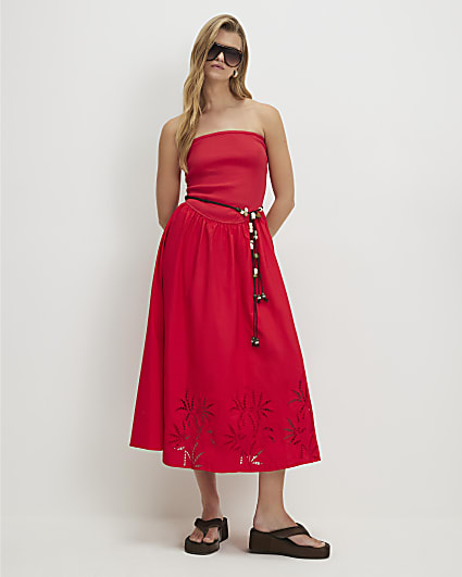 Red Cotton Blend Bandeau Cutwork Hybrid Dress