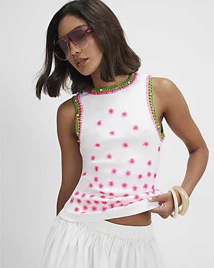 White Floral Embroidered Tank Top