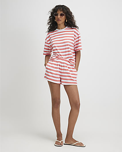 Pink Cotton blend Stripe Towelling Shorts