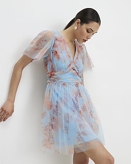 Blue Tulle Short Sleeve Mini Dress