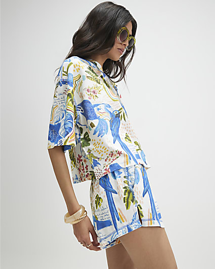 White Cotton Tropical Beaded T-Shirt