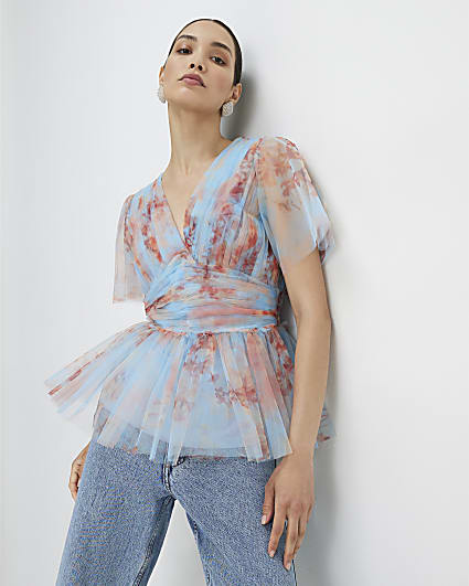 Blue Short Sleeve Tulle Top
