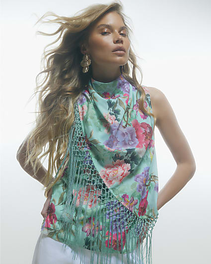 Blue Floral Tassel Tank Top