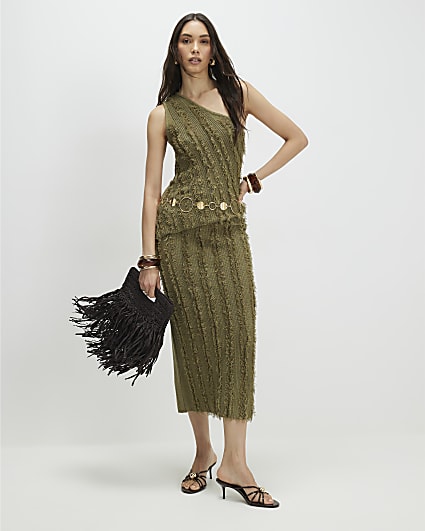 Khaki Knitted Fringed Midi Skirt