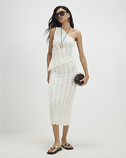 White Knitted Fringed Midi Skirt