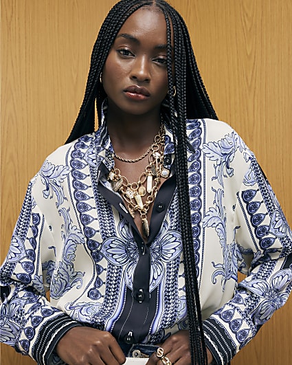 Blue Satin Border Print Shirt