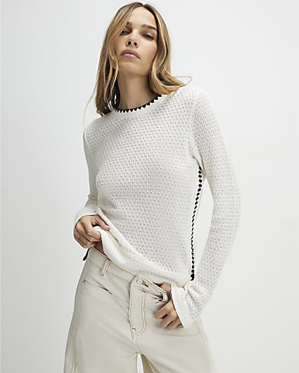 Cream Long Sleeve Whipstitch Trim Top