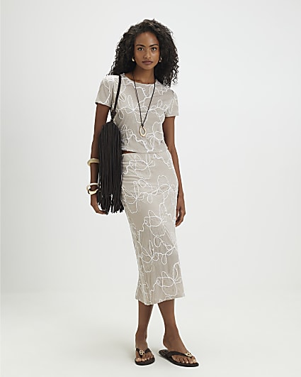 Beige Floral Embroidered Midi Skirt