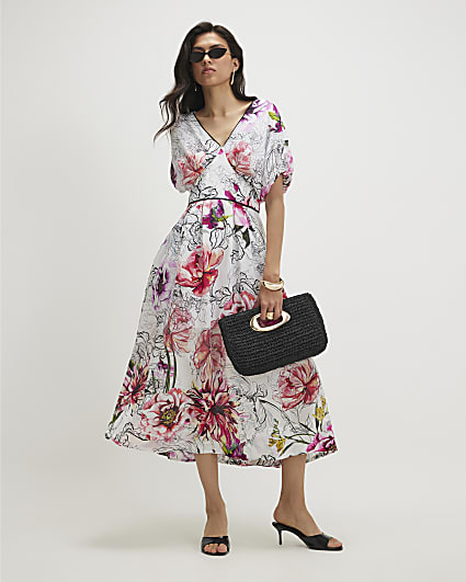 Pink Printed Puff Sleeve Midi Dress