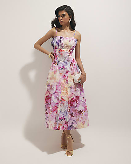 Pink Floral Print Midi Dress