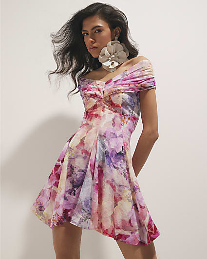 Pink Floral Print Bardot Mini Dress