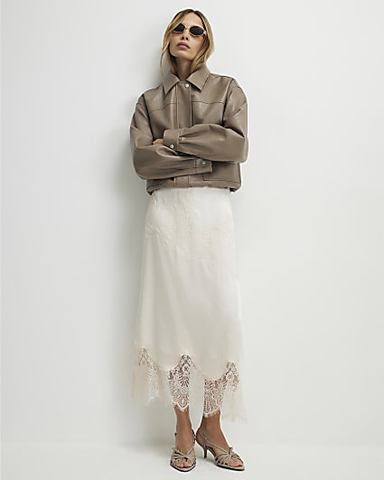 Cream Lace Satin Midi Skirt