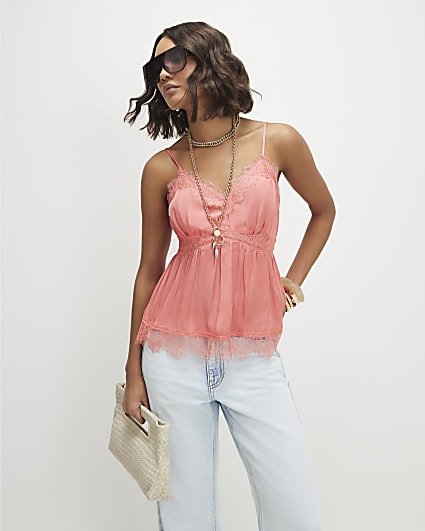 Pink Satin Lace Trim Cami