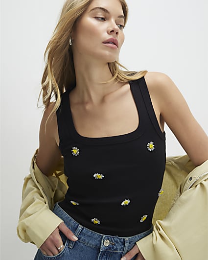 Black Daisy Embellished Tank Top