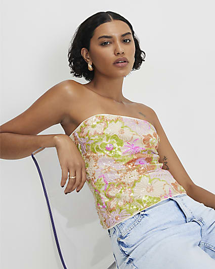 Orange Floral Sequin Bandeau Top