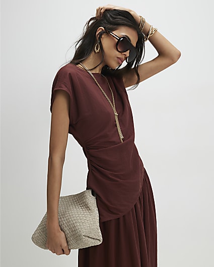 Brown Short Sleeve Asymmetric Hem Top