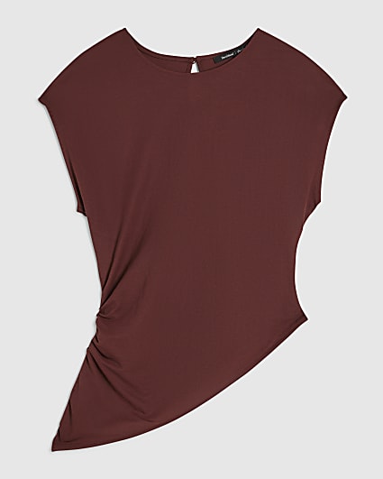 Petite Brown Short Sleeve Asymmetric Hem Top