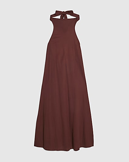 Petite Brown Halter Neck Midi Dress